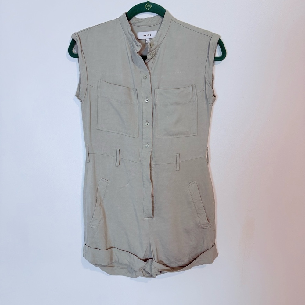 Reiss mint green linen viscose blend romper pockets NO belt SZ 0 button up